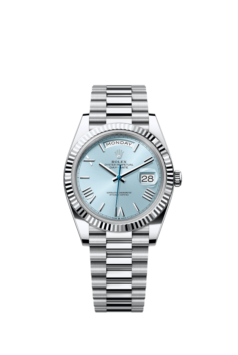 ROLEX DAY-DATE 40MM PLATINUM ICE BLUE ROMAN DIAL FLUTED BEZEL PRESIDENT BRACELET 228236