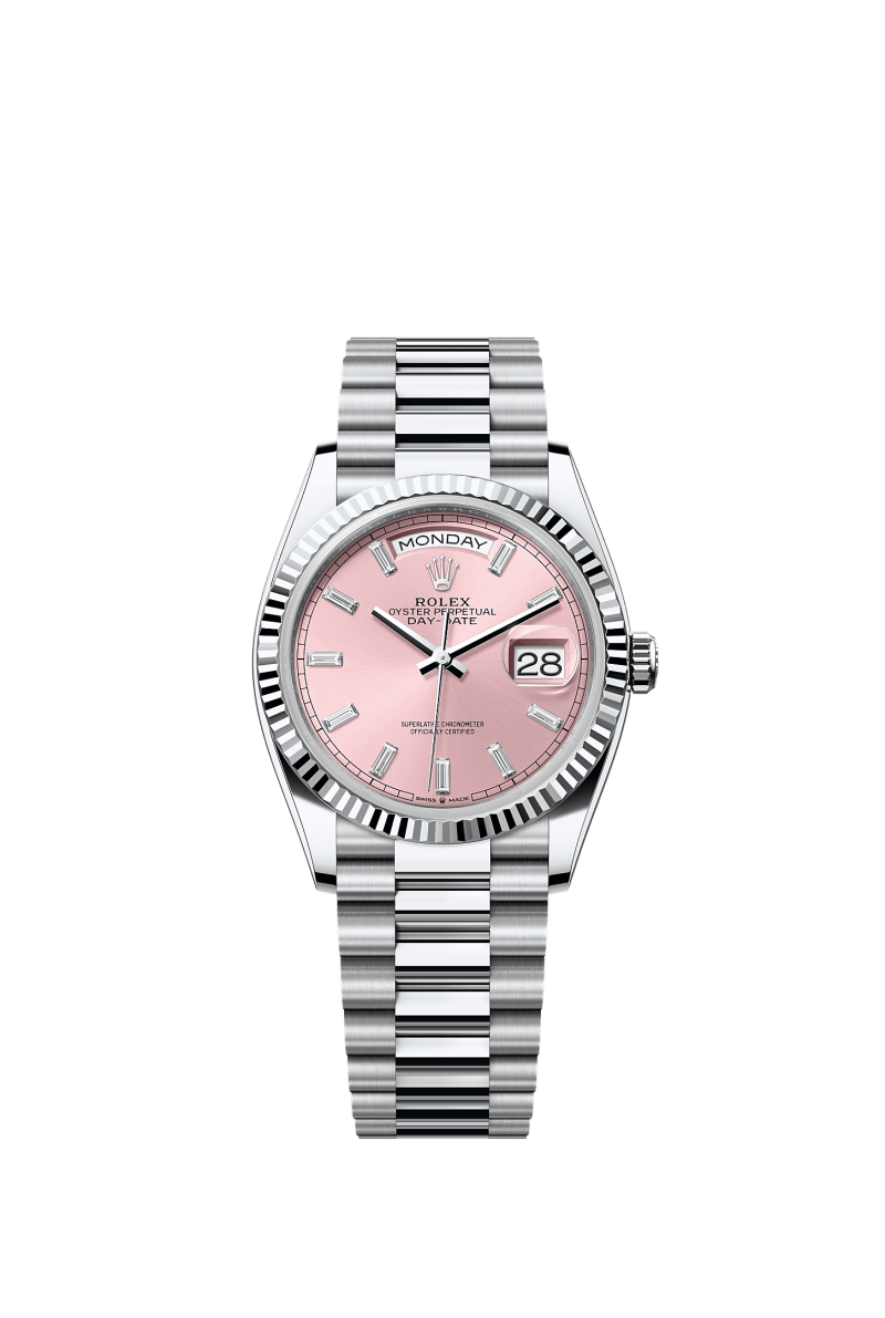ROLEX DAY-DATE 36MM PLATINUM PINK DIAMOND BAGUETTE DIAL FLUTED BEZEL PRESIDENT BRACELET 128236