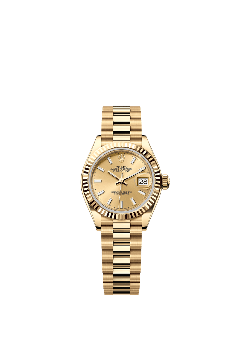 ROLEX LADY-DATEJUST 28MM YELLOW GOLD CHAMPAGNE INDEX DIAL FLUTED BEZEL PRESIDENT BRACELET 279178