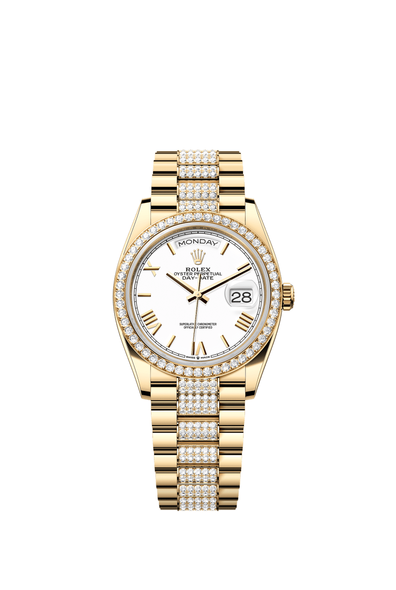 ROLEX DAY-DATE 36MM YELLOW GOLD WHITE ROMAN DIAL DIAMOND BEZEL DIAMOND-SET PRESIDENT BRACELET 128348RBR