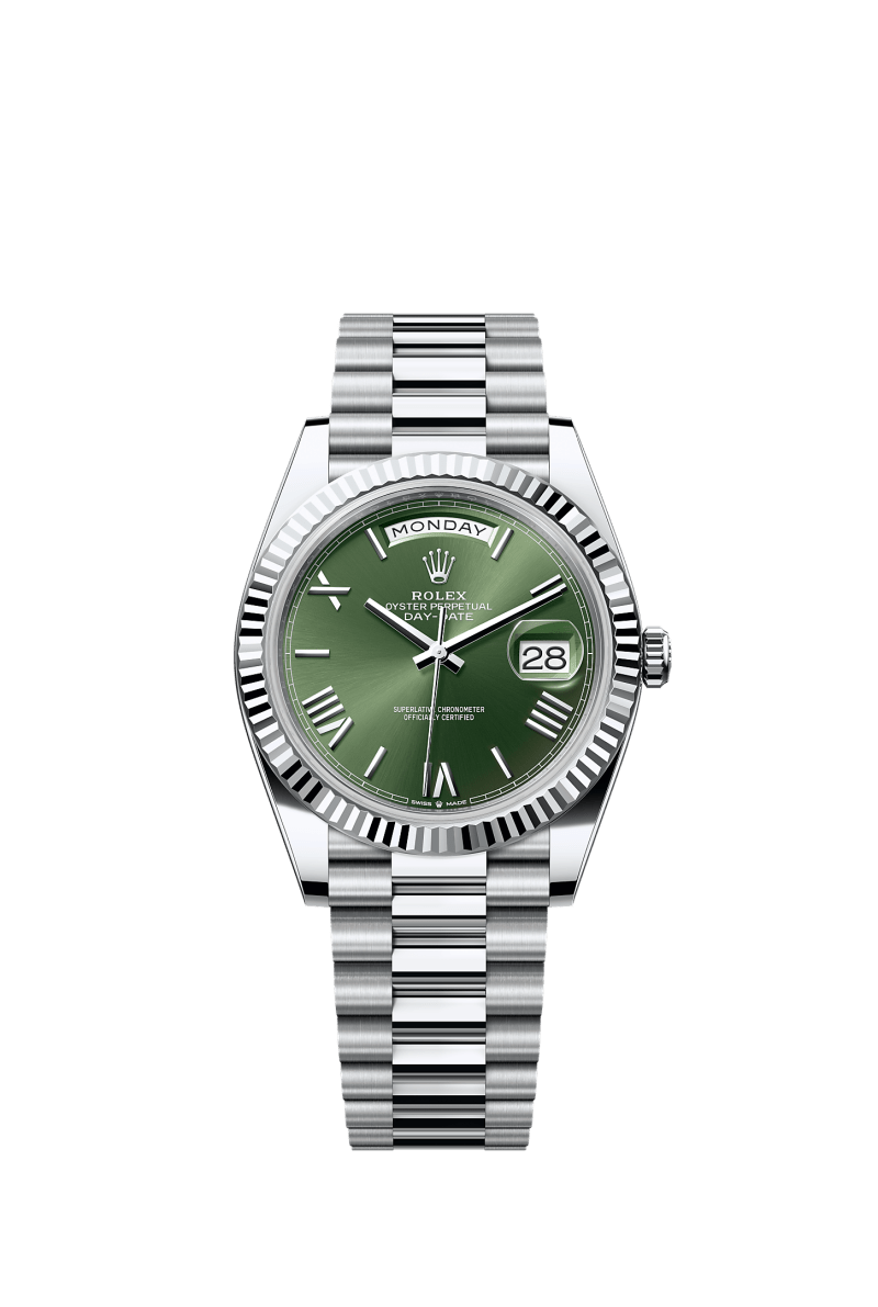 ROLEX DAY-DATE 40MM PLATINUM GREEN OLIVE ROMAN DIAL FLUTED BEZEL PRESIDENT BRACELET 228236