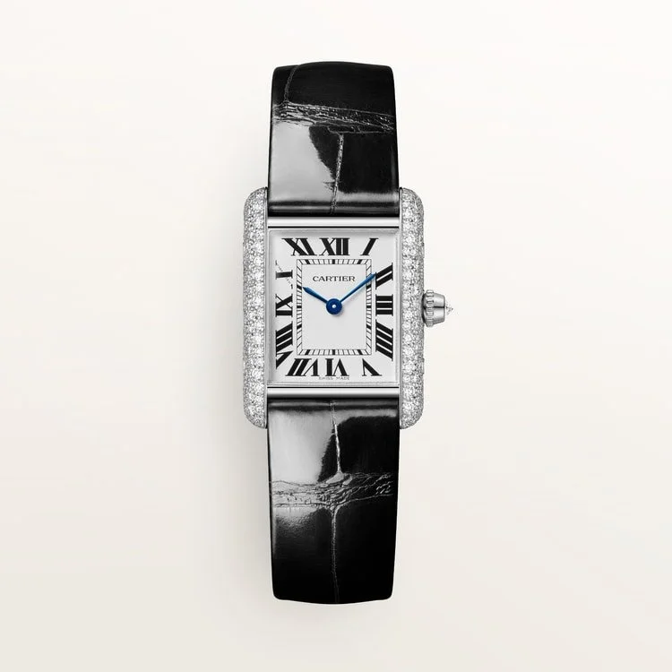 CARTIER TANK LOUIS CARTIER 18K WHITE GOLD DIAMOND-SET SILVERED DIAL BLACK ALLIGATOR STRAP WJTA0079