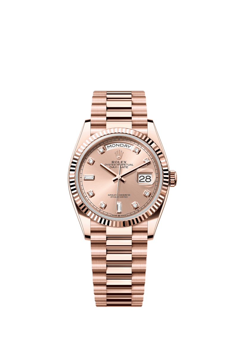 ROLEX DAY-DATE 36MM EVEROSE GOLD ROSE DIAMOND DIAL FLUTED BEZEL PRESIDENT BRACELET 128235