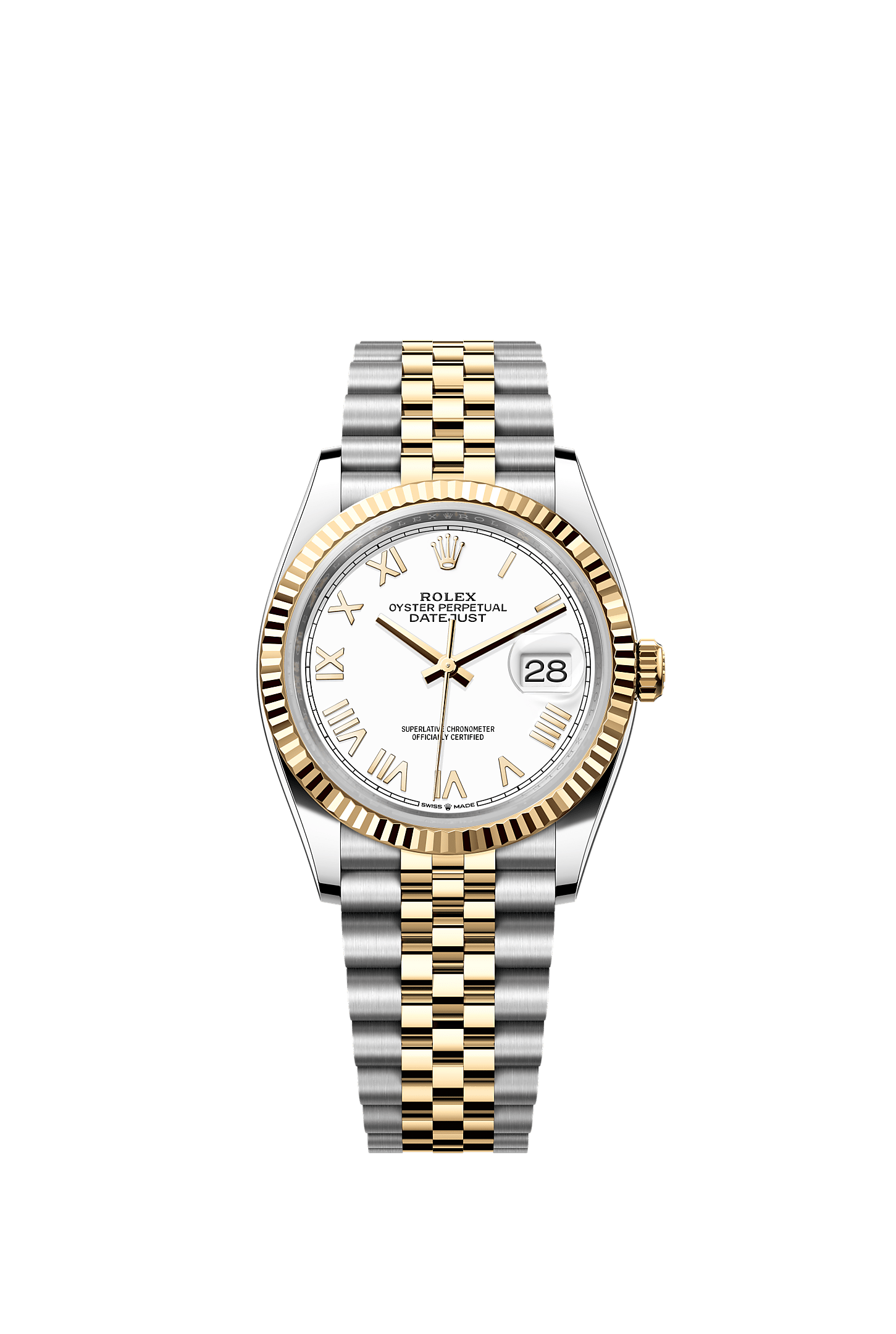 ROLEX DATEJUST 36MM TWO-TONE YELLOW GOLD WHITE ROMAN DIAL FLUTED BEZEL JUBILEE BRACELET 126233
