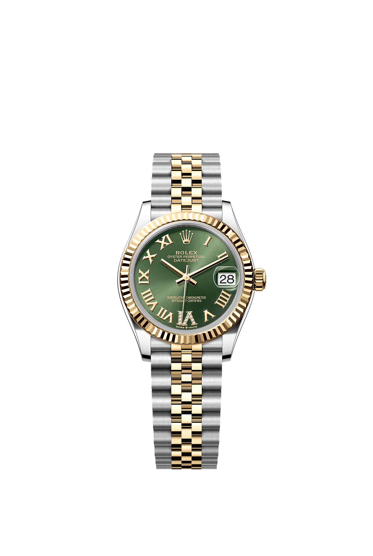 ROLEX LADY-DATEJUST 31MM TWO-TONE YELLOW GOLD GREEN ROMAN DIAMOND DIAL FLUTED BEZEL JUBILEE BRACELET 278273