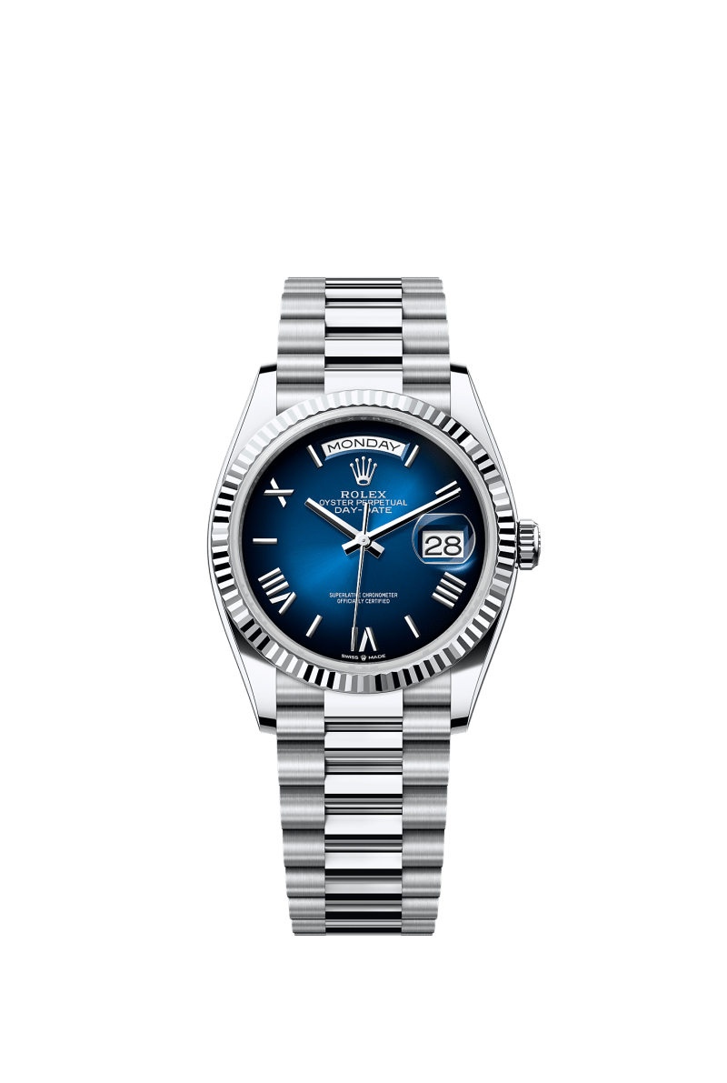 ROLEX DAY-DATE 36MM PLATINUM BLUE OMBRE ROMAN DIAL FLUTED BEZEL PRESIDENT BRACELET 128236