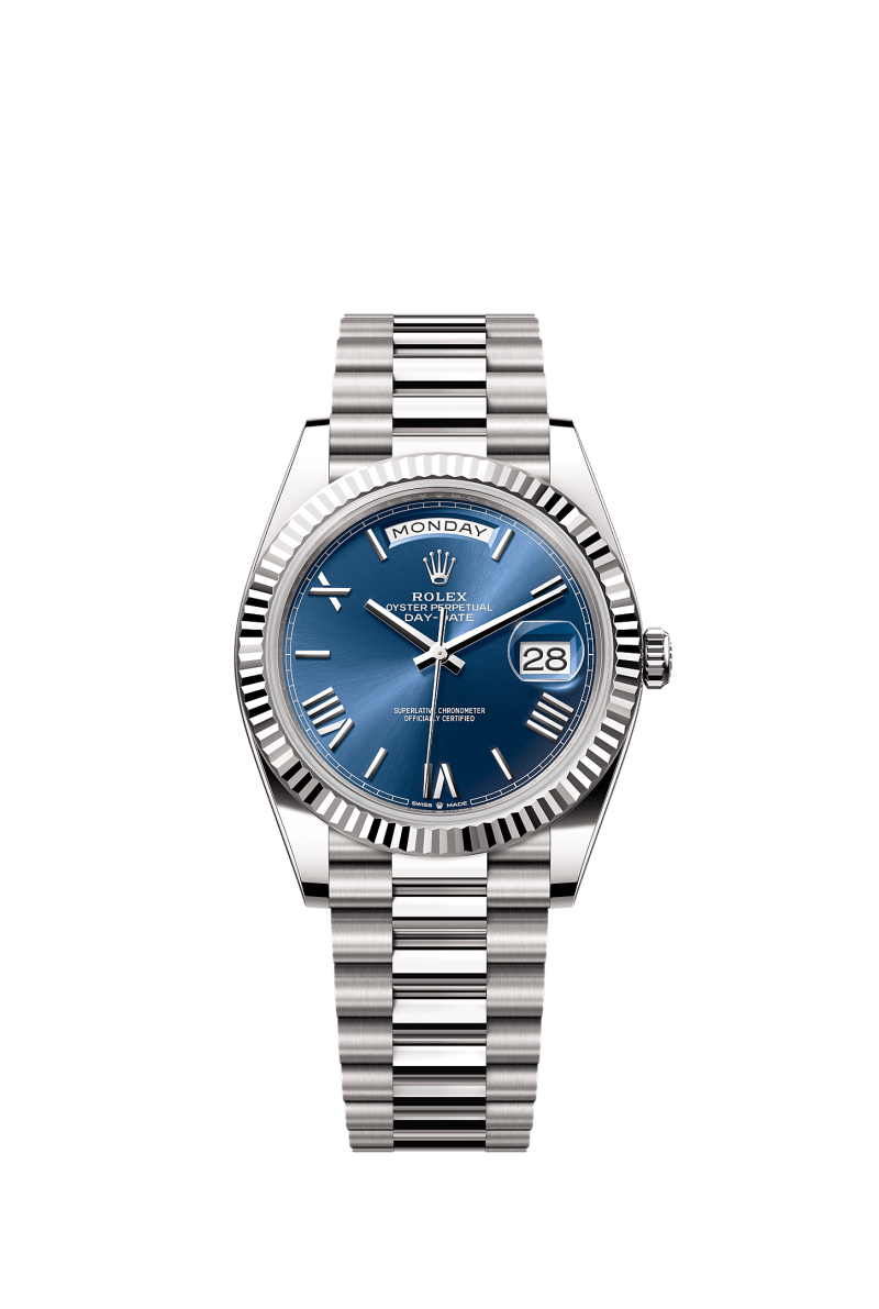 ROLEX DAY-DATE 40MM WHITE GOLD BLUE ROMAN DIAL FLUTED BEZEL PRESIDENT BRACELET 228239
