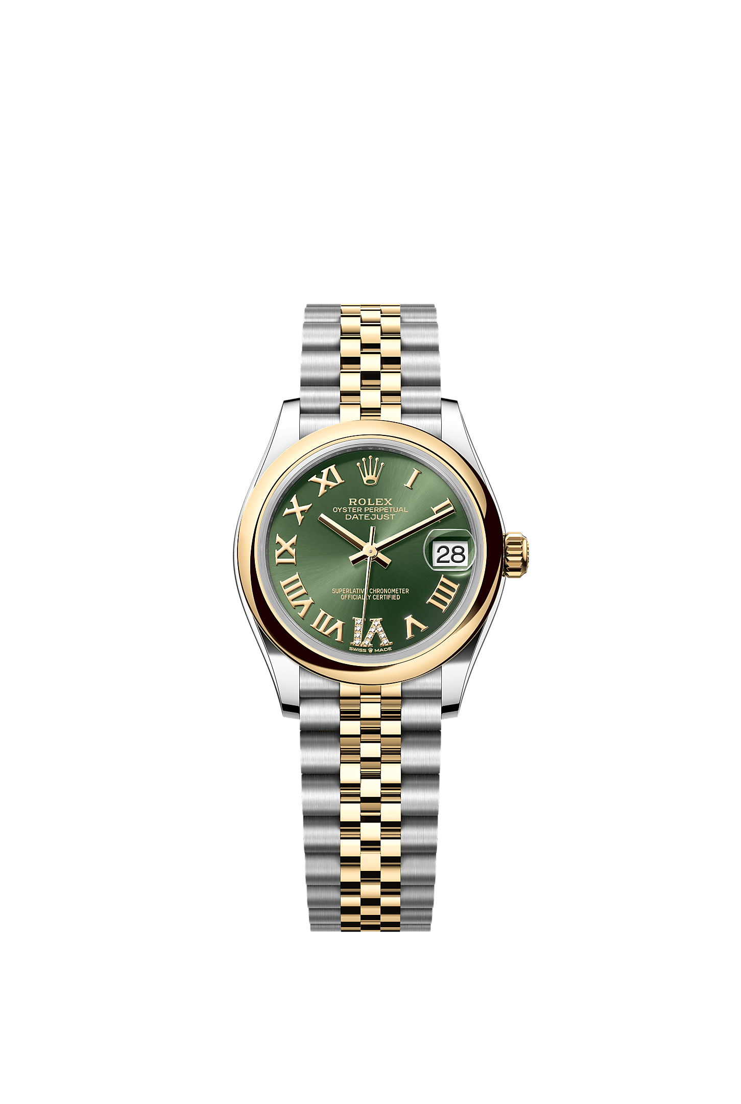 ROLEX LADY-DATEJUST 31MM TWO-TONE YELLOW GOLD GREEN ROMAN DIAMOND DIAL DOMED BEZEL JUBILEE BRACELET 278243