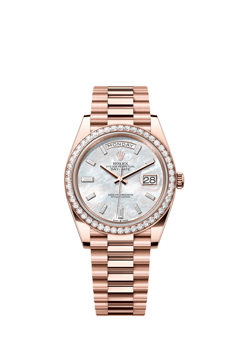 ROLEX DAY-DATE 40MM EVEROSE GOLD MOTHER OF PEARL DIAMOND BAGUETTE DIAL DIAMOND BEZEL PRESIDENT BRACELET 228345RBR