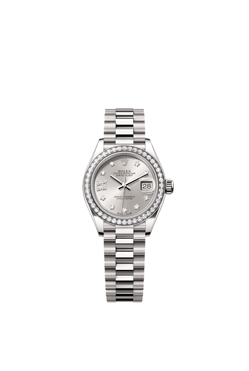 ROLEX LADY-DATEJUST 28MM WHITE GOLD SILVER STAR DIAMOND DIAL DIAMOND-SET BEZEL PRESIDENT BRACELET 279139RBR