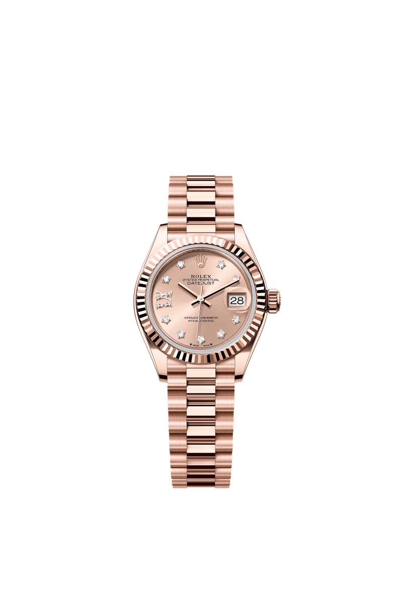 ROLEX LADY-DATEJUST 28MM EVEROSE GOLD ROSE STAR DIAMOND DIAL FLUTED BEZEL PRESIDENT BRACELET 279175