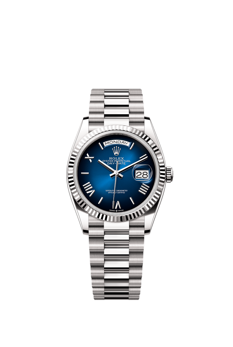 ROLEX DAY-DATE 36MM WHITE GOLD BLUE ROMAN OMBRE DIAL FLUTED BEZEL PRESIDENT BRACELET 128239