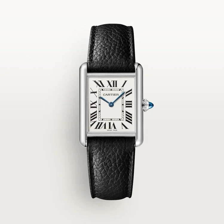 CARTIER TANK MUST STEEL SILVERED DIAL BLACK CALFSKIN STRAP WSTA0136
