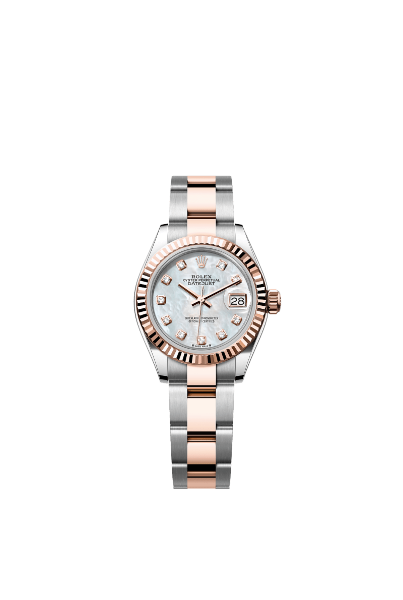 ROLEX LADY-DATEJUST 28MM TWO-TONE EVEROSE GOLD MOTHER OF PEARL DIAMOND DIAL FLUTED BEZEL OYSTER BRACELET 279171