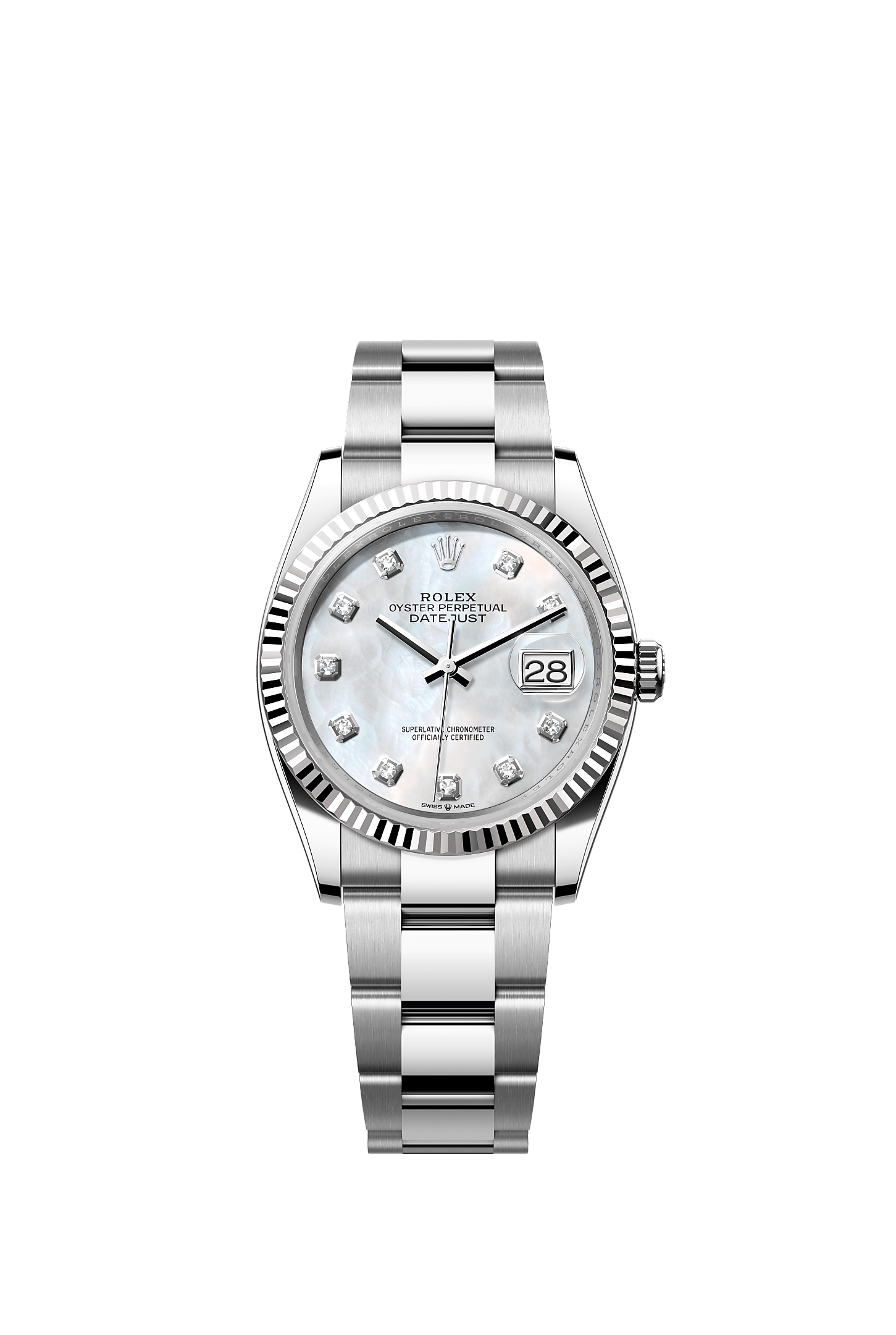 ROLEX DATEJUST 36MM MOTHER OF PEARL DIAMOND DIAL FLUTED BEZEL OYSTER BRACELET 126234