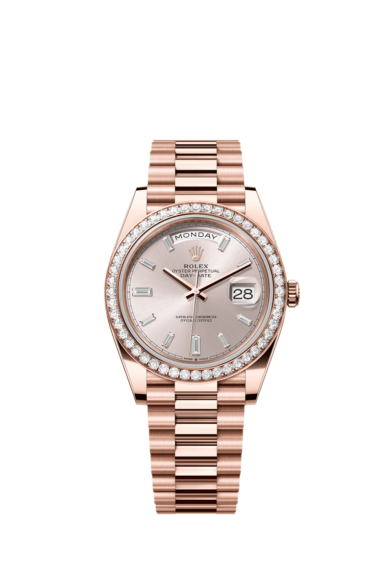 ROLEX DAY-DATE 40MM EVEROSE GOLD SUNDUST DIAMOND BAGUETTE DIAL DIAMOND BEZEL PRESIDENT BRACELET 228345RBR
