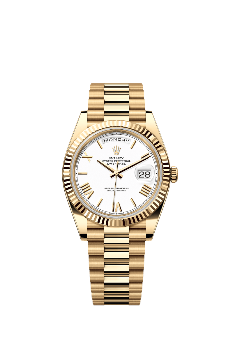 ROLEX DAY-DATE 40MM YELLOW GOLD WHITE ROMAN DIAL FLUTED BEZEL PRESIDENT BRACELET 228238