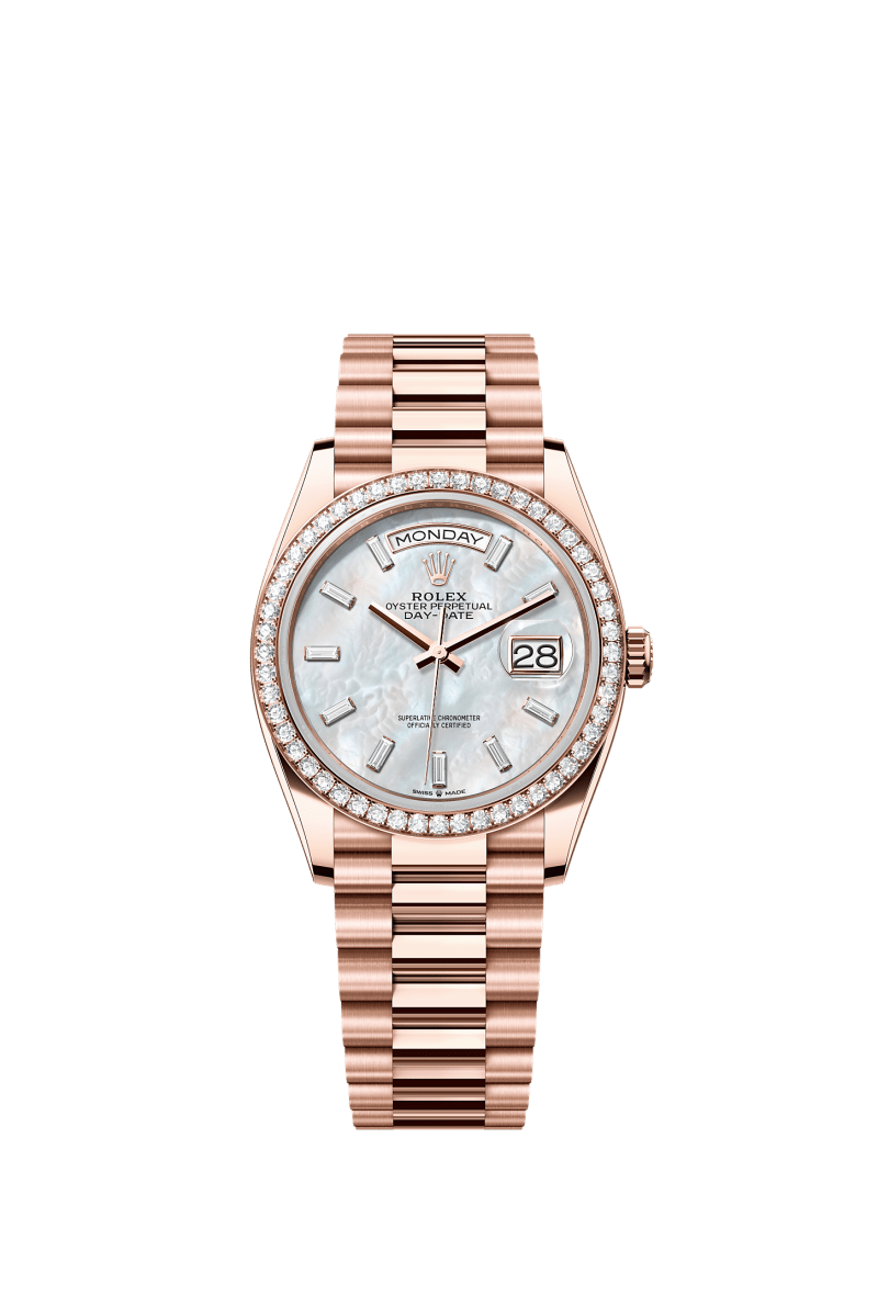 ROLEX DAY-DATE 36MM EVEROSE GOLD MOTHER OF PEARL DIAMOND BAGUETTE DIAL DIAMOND BEZEL PRESIDENT BRACELET 128345RBR