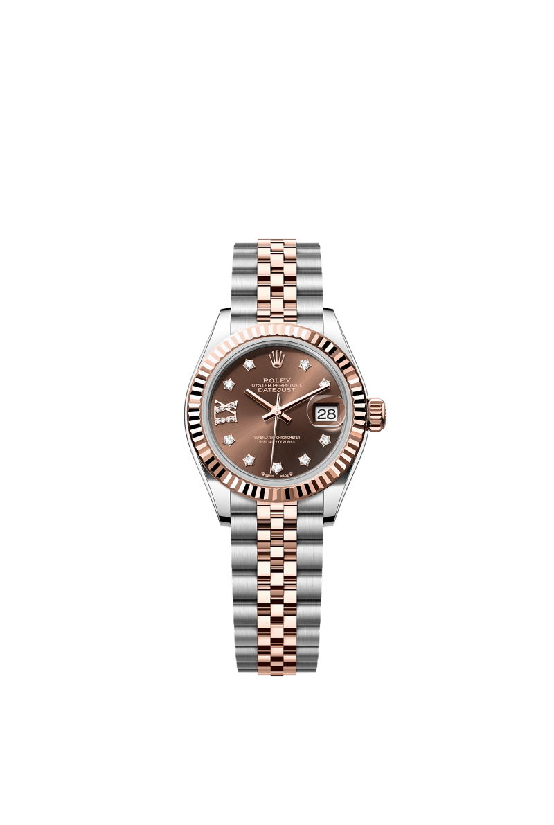 ROLEX LADY-DATEJUST 28MM TWO-TONE EVEROSE GOLD CHOCOLATE STAR DIAMOND DIAL FLUTED BEZEL JUBILEE BRACELET 279171