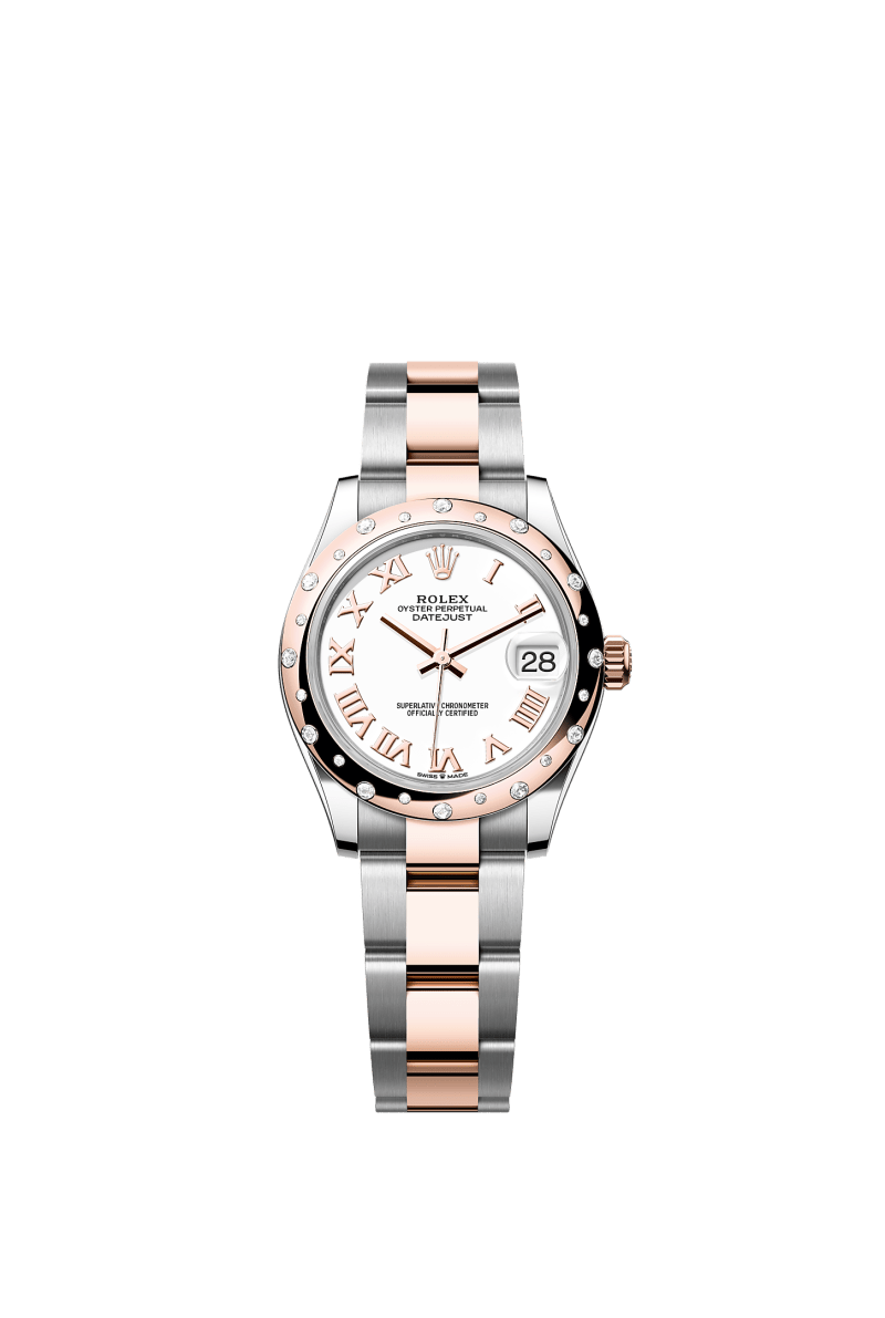 ROLEX LADY-DATEJUST 31MM TWO-TONE EVEROSE GOLD WHITE ROMAN DIAL DOMED DIAMOND BEZEL OYSTER BRACELET 278341RBR