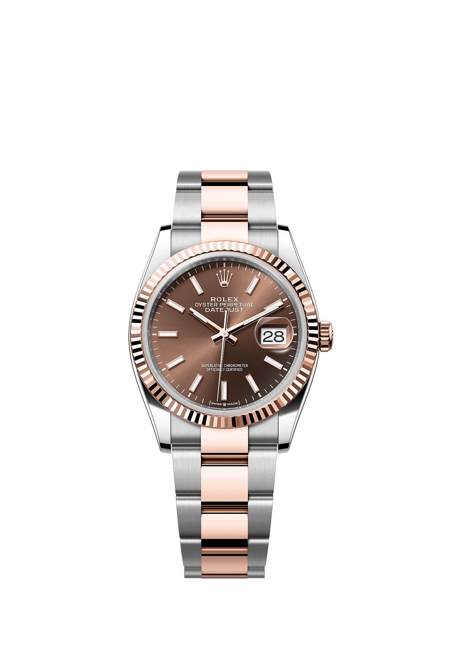 ROLEX DATEJUST 36MM TWO-TONE EVEROSE GOLD CHOCOLATE INDEX DIAL FLUTED BEZEL OYSTER BRACELET 126231