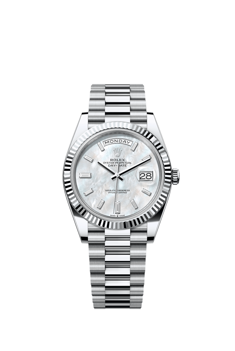 ROLEX DAY-DATE 40MM PLATINUM MOTHER OF PEARL DIAMOND BAGUETTE DIAL FLUTED BEZEL PRESIDENT BRACELET 228236