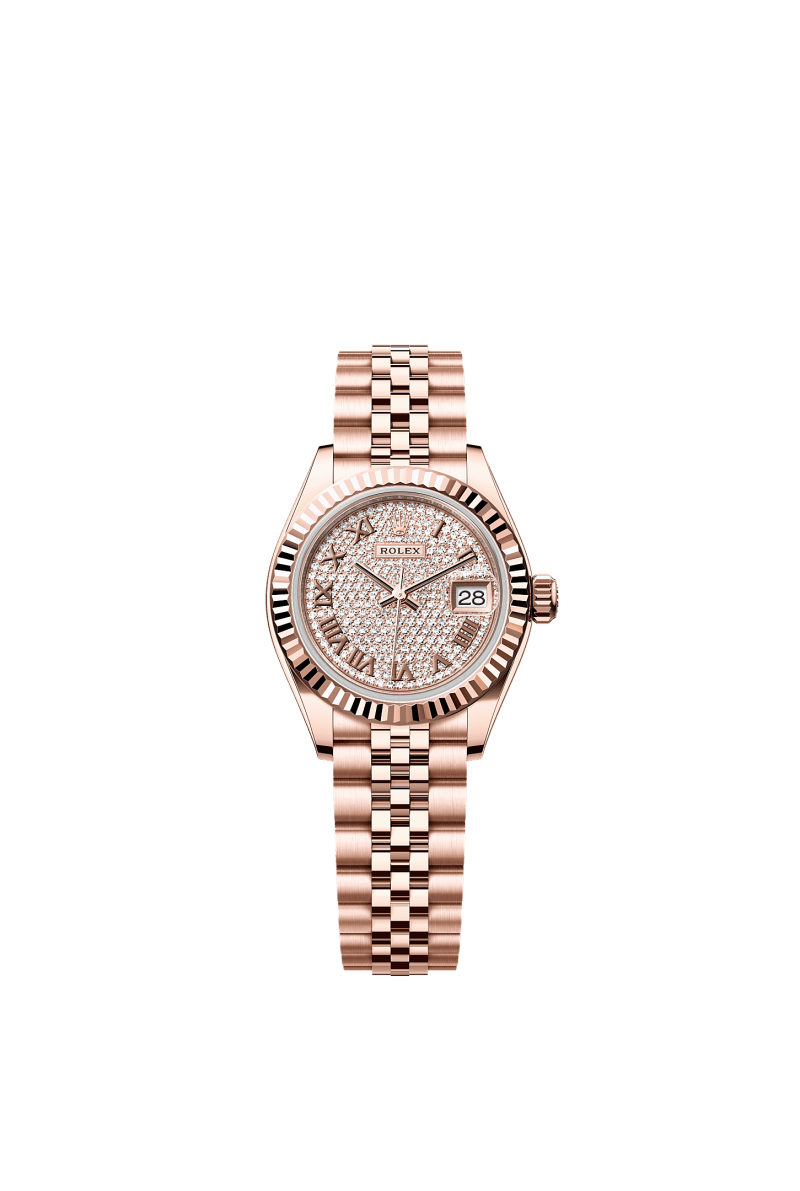 ROLEX LADY-DATEJUST 28MM EVEROSE GOLD DIAMOND-PAVED DIAL FLUTED BEZEL JUBILEE BRACELET 279175