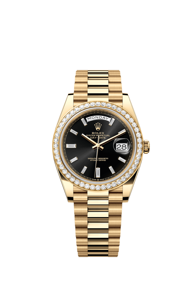 ROLEX DAY-DATE 40MM YELLOW GOLD PRESIDENT DAY DATE 40MM BLACK DIAMOND BAGUETTE DIAL DIAMOND BEZEL PRESIDENT BRACELET 228348RBR