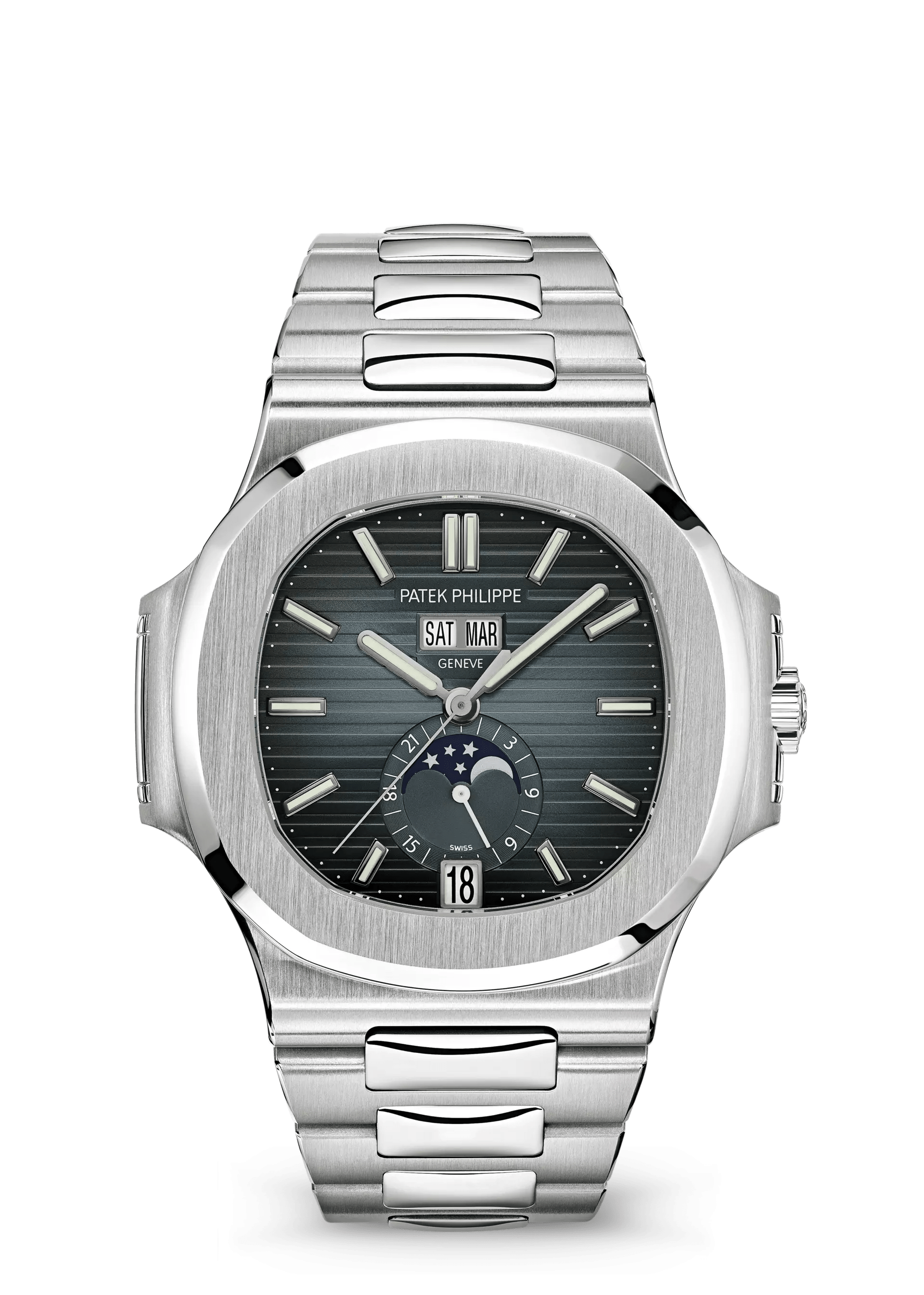 PATEK PHILIPPE NAUTILUS ANNUAL CALENDAR MOON PHASES 40.5MM STAINLESS STEEL BLUE-GRAY DIAL – 5726/1A-014