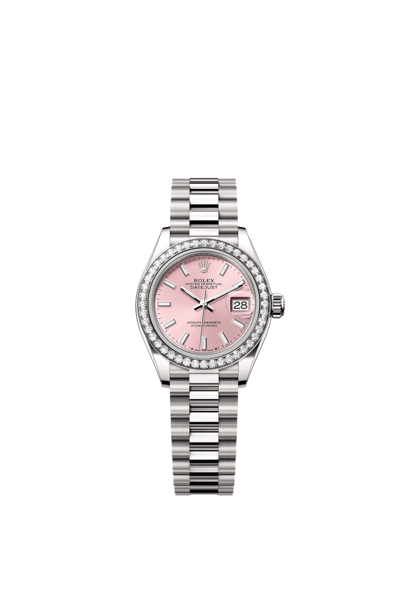 ROLEX LADY-DATEJUST 28MM WHITE GOLD PINK INDEX DIAL DIAMOND-SET BEZEL PRESIDENT BRACELET 279139RBR