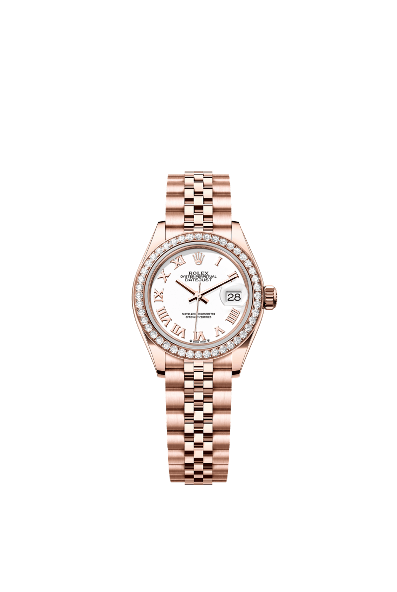 ROLEX LADY-DATEJUST 28MM EVEROSE GOLD WHITE ROMAN DIAL DIAMOND-SET BEZEL JUBILEE BRACELET 279135RBR
