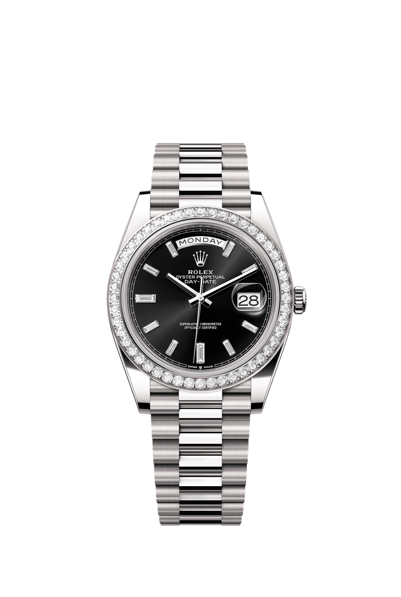 ROLEX DAY-DATE 40MM WHITE GOLD BLACK DIAMOND BAGUETTE DIAL DIAMOND BEZEL PRESIDENT BRACELET 228349RBR