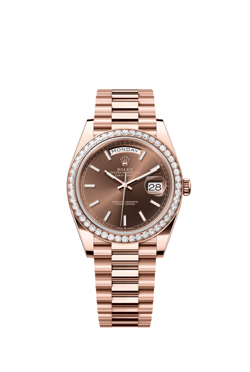 ROLEX DAY-DATE 40MM EVEROSE GOLD CHOCOLATE INDEX DIAL DIAMOND BEZEL PRESIDENT BRACELET 228345RBR