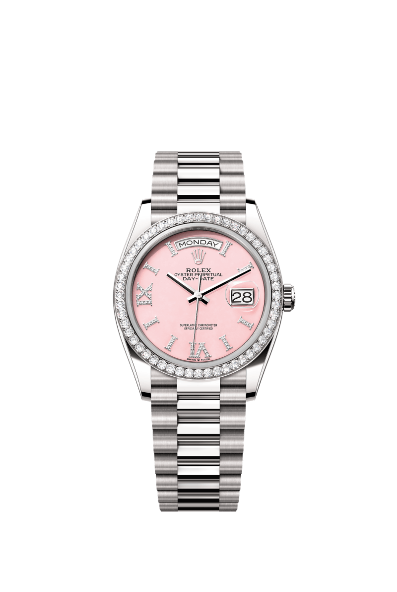 ROLEX DAY-DATE 36MM WHITE GOLD PINK ROMAN DIAMOND DIAL DIAMOND BEZEL PRESIDENT BRACELET 128349RBR