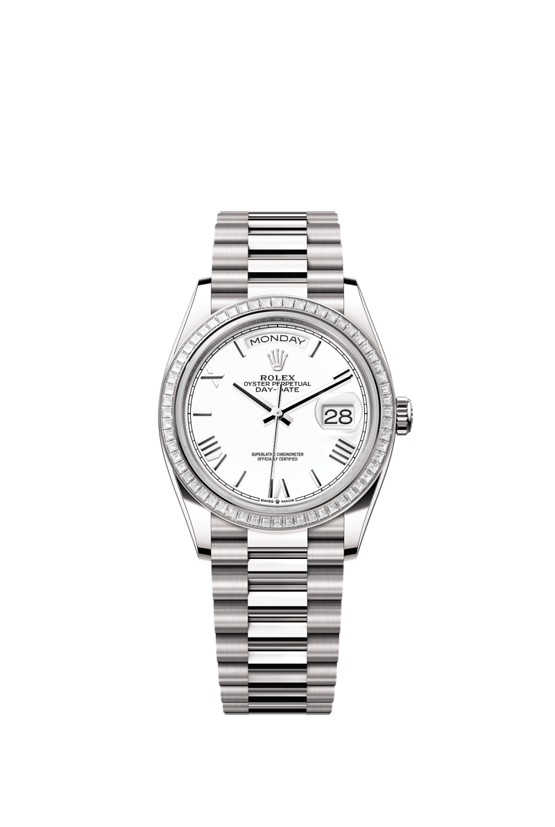 ROLEX DAY-DATE 36MM WHITE GOLD WHITE ROMAN DIAL TRAPEZE DIAMOND BEZEL PRESIDENT BRACELET 128399TBR