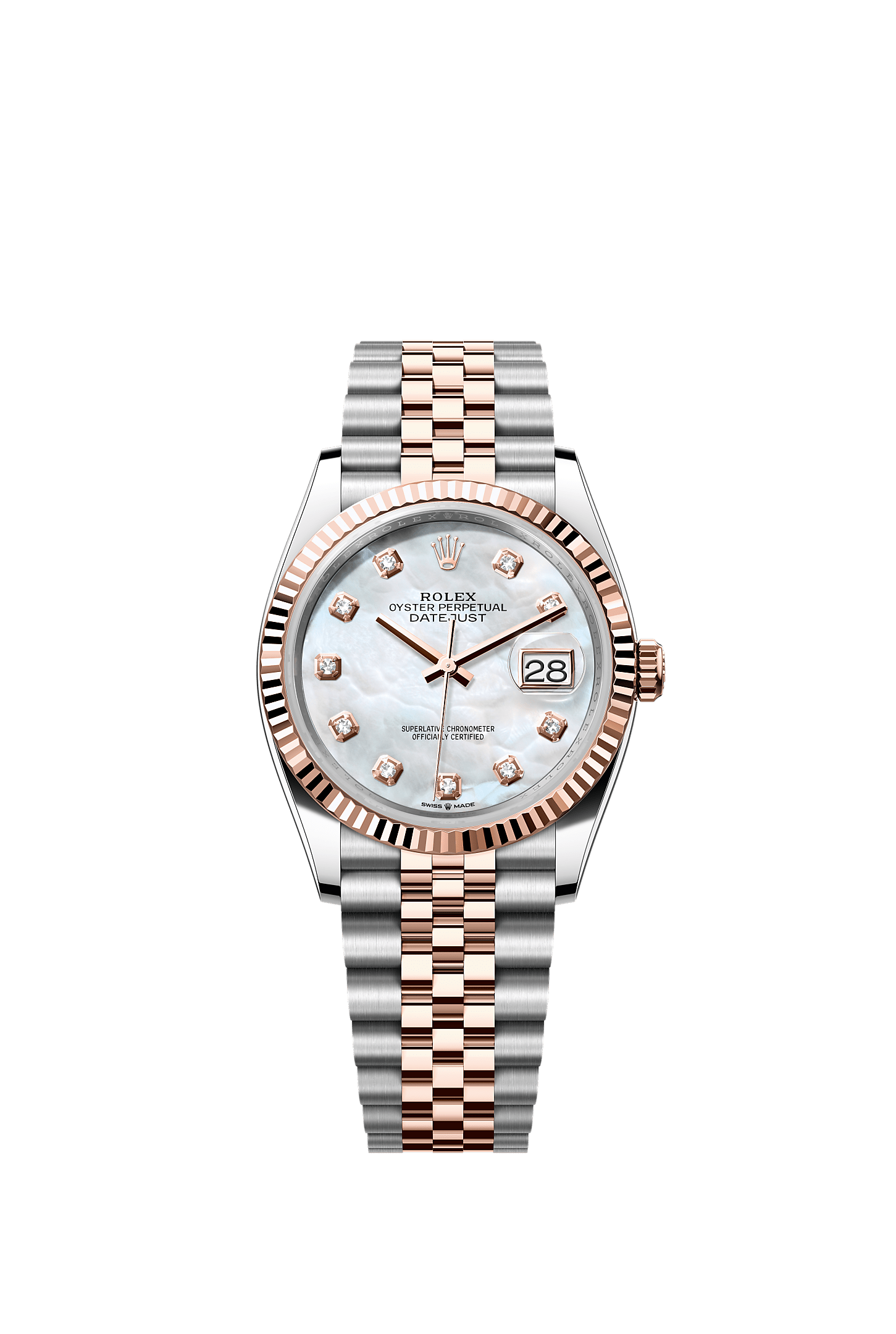ROLEX DATEJUST 36MM TWO-TONE EVEROSE GOLD MOTHER OF PEARL DIAMOND DIAL FLUTED BEZEL JUBILEE BRACELET 126231