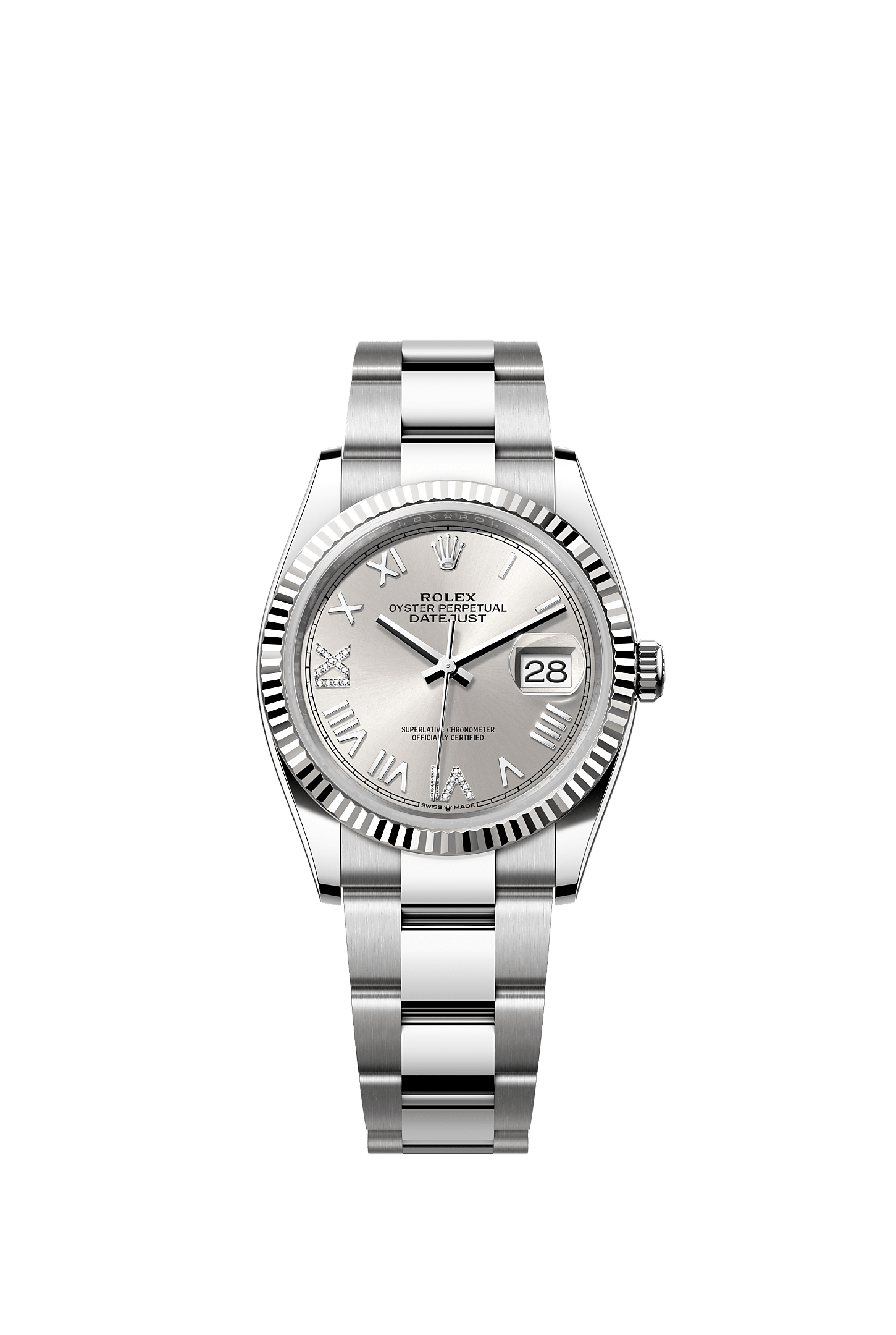 ROLEX DATEJUST 36 SILVER ROMAN DIAMOND DIAL FLUTED BEZEL OYSTER BRACELET 126234