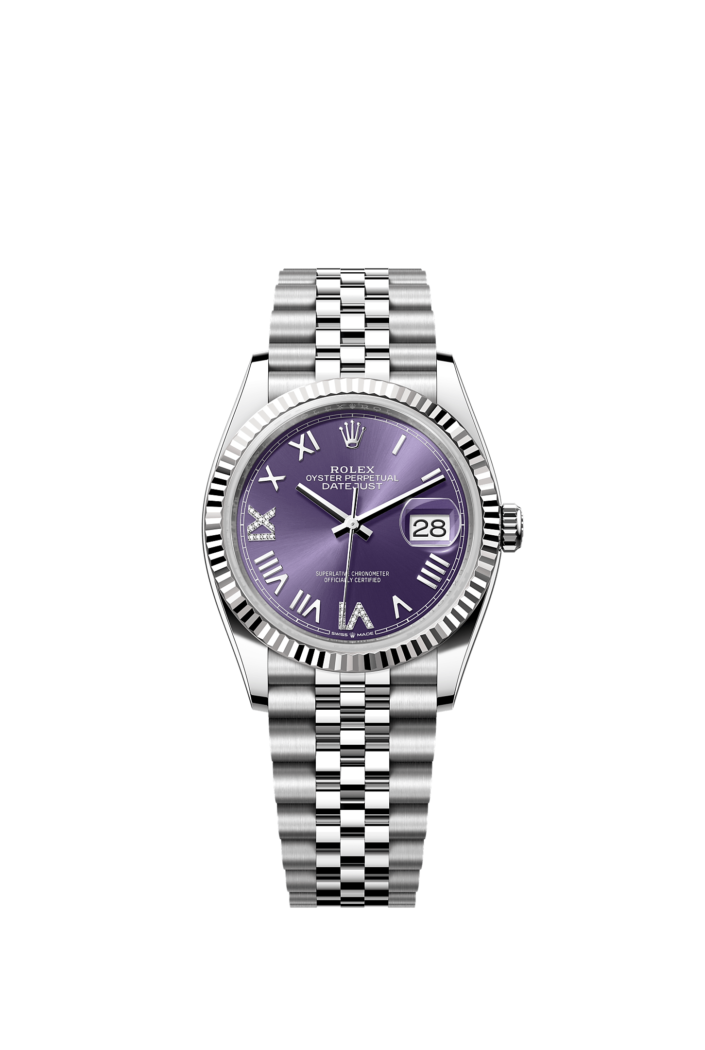 ROLEX DATEJUST 36 AUBERGINE ROMAN DIAMOND DIAL FLUTED BEZEL JUBILEE BRACELET 126234
