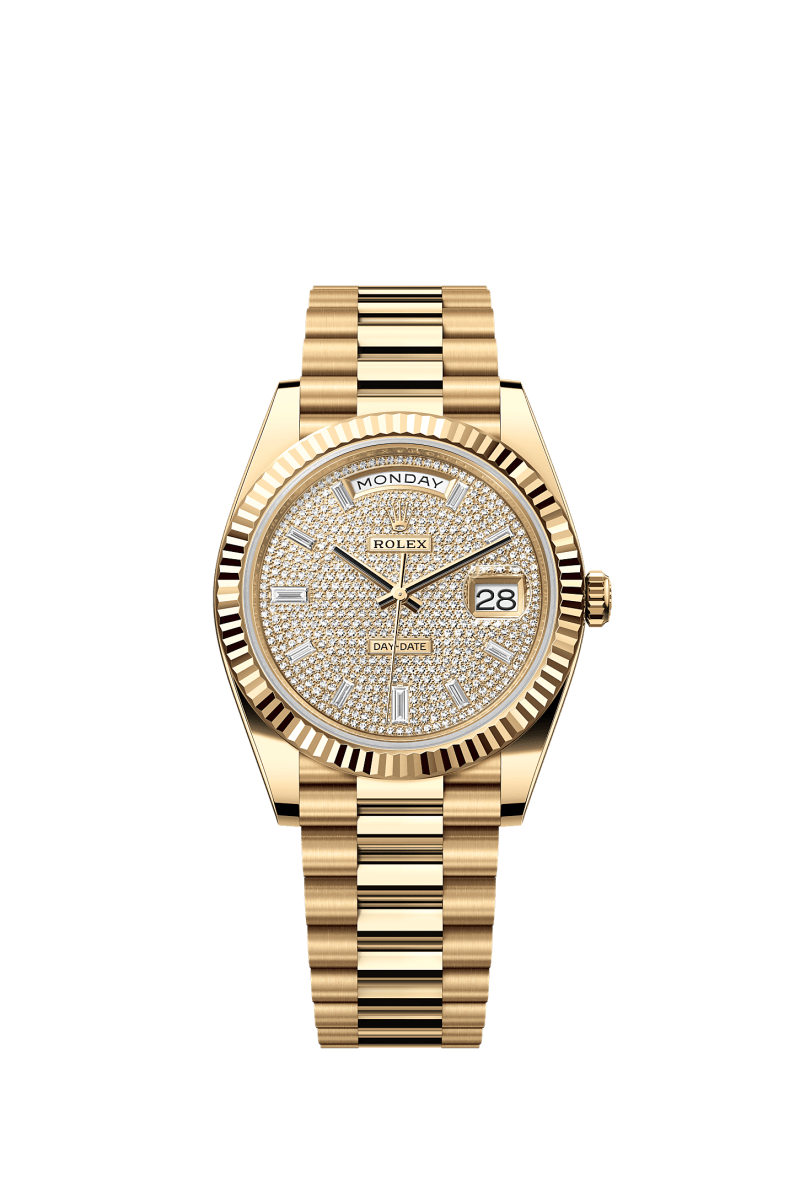 ROLEX DAY-DATE 40MM YELLOW GOLD DIAMOND PAVE DIAL FLUTED BEZEL PRESIDENT BRACELET 228238