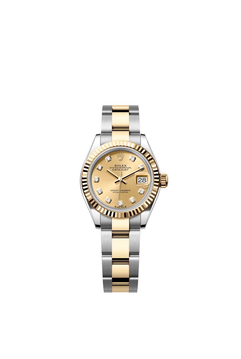 ROLEX LADY-DATEJUST 28MM TWO-TONE YELLOW GOLD CHAMPAGNE DIAMOND DIAL FLUTED BEZEL OYSTER BRACELET 279173