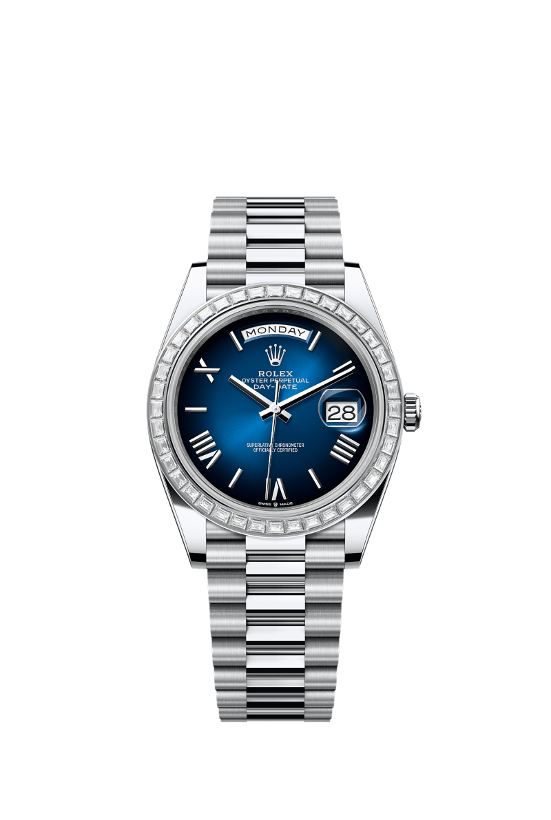 ROLEX DAY-DATE 40MM PLATINUM BLUE ROMAN OMBRE DIAL TRAPEZE DIAMOND BEZEL PRESIDENT BRACELET 228396TBR