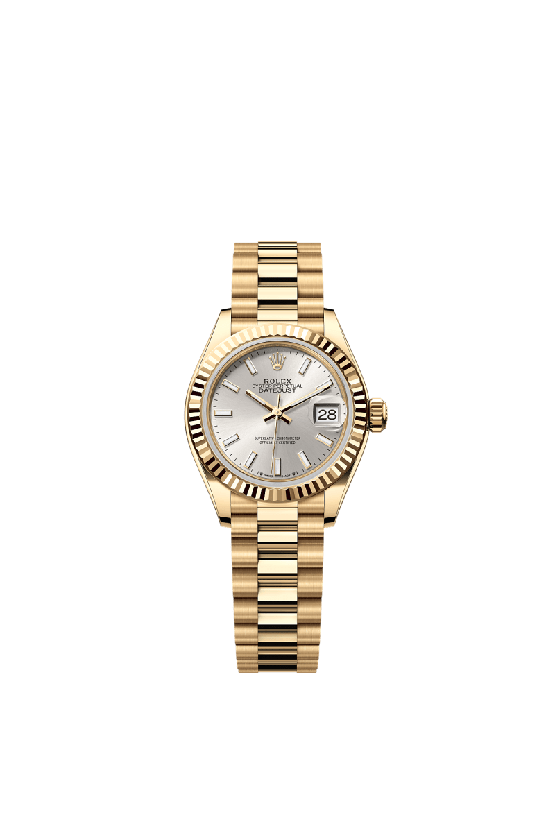 ROLEX LADY-DATEJUST 28MM YELLOW GOLD SILVER INDEX DIAL FLUTED BEZEL PRESIDENT BRACELET 279178