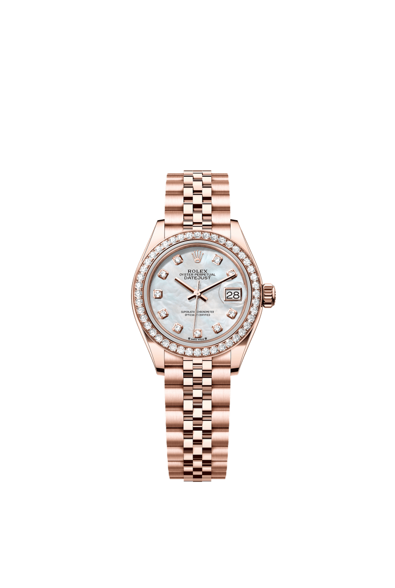 ROLEX LADY-DATEJUST 28MM EVEROSE GOLD MOTHER OF PEARL DIAMOND DIAL DIAMOND-SET BEZEL JUBILEE BRACELET 279135RBR