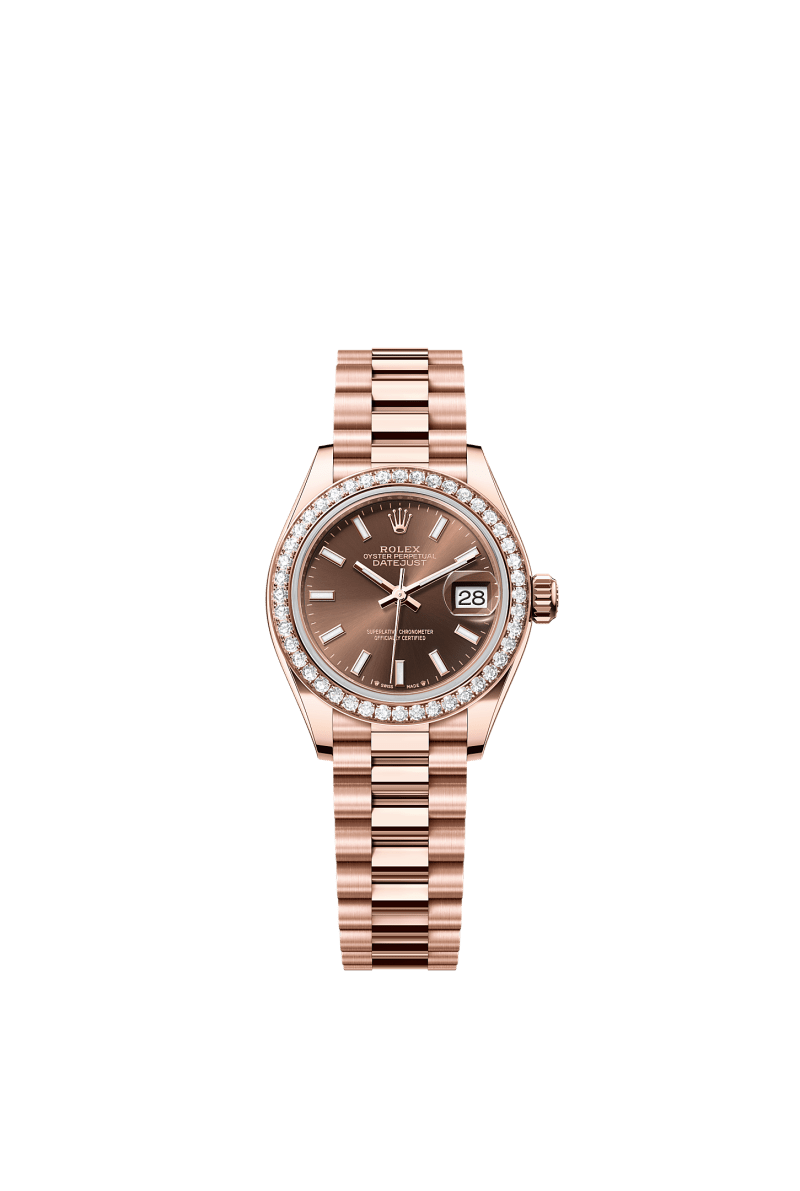 ROLEX LADY-DATEJUST 28MM EVEROSE GOLD CHOCOLATE INDEX DIAL DIAMOND-SET BEZEL PRESIDENT BRACELET 279135RBR