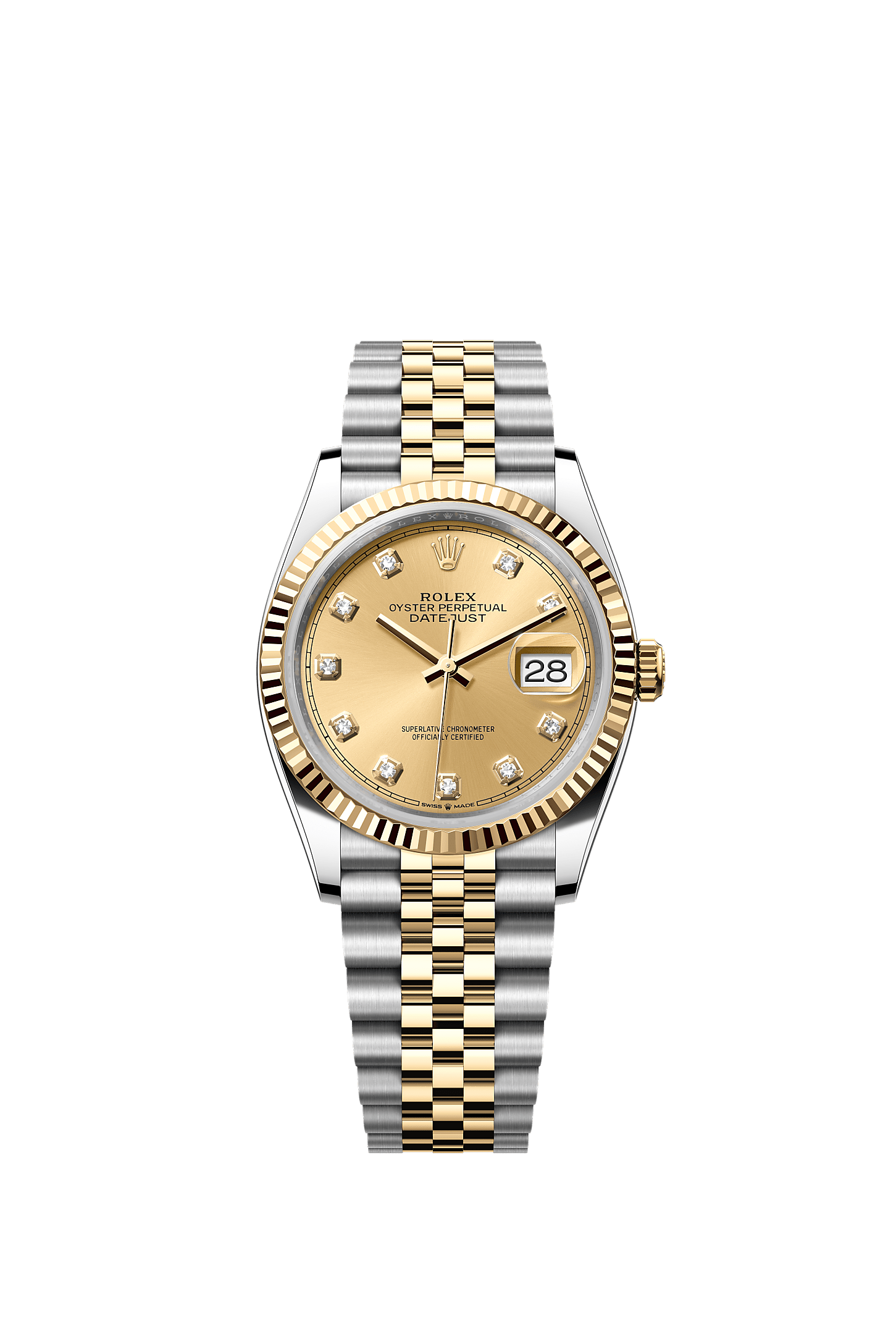 ROLEX DATEJUST 36MM TWO-TONE YELLOW GOLD CHAMPAGNE DIAMOND DIAL FLUTED BEZEL JUBILEE BRACELET 126233