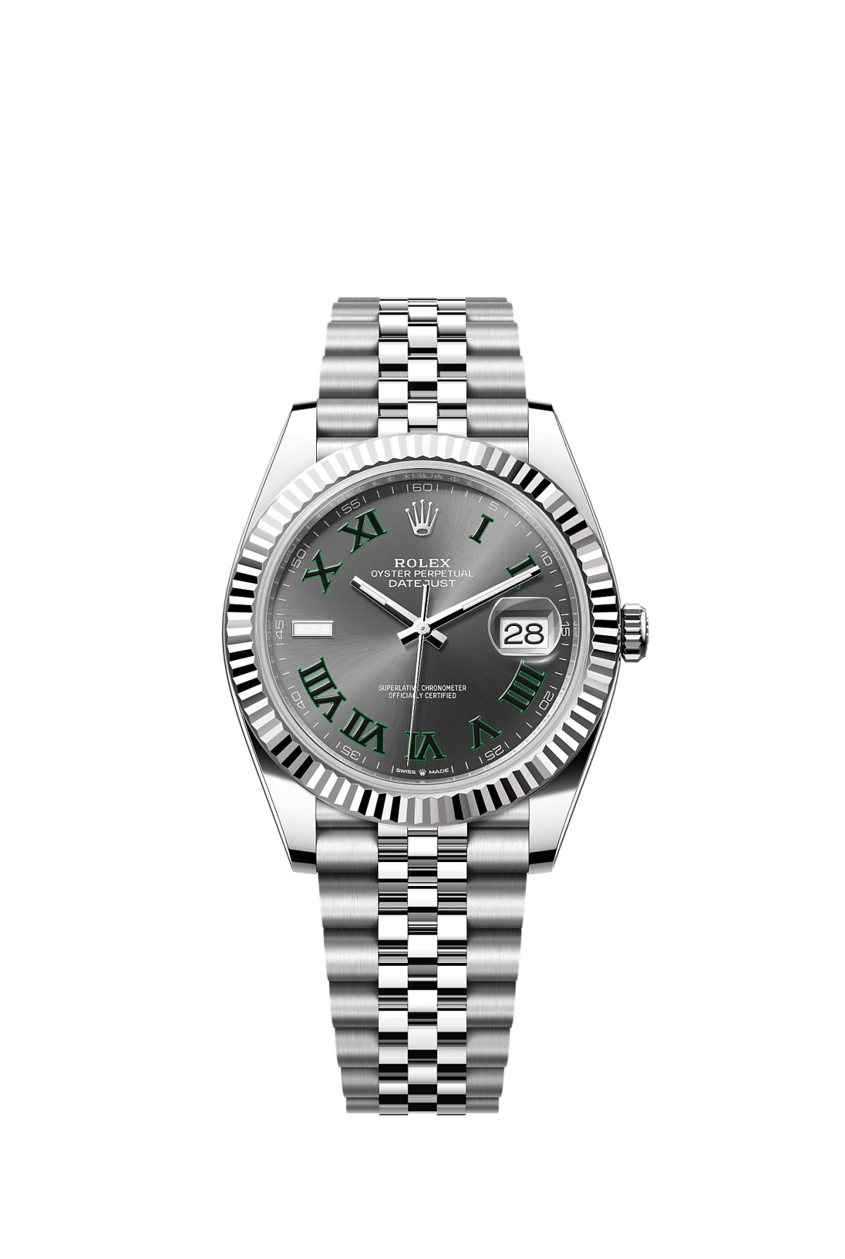 ROLEX DATEJUST 41MM "WIMBLEDON" SLATE AND GREEN ROMAN DIAL FLUTED BEZEL JUBILEE BRACELET 126334