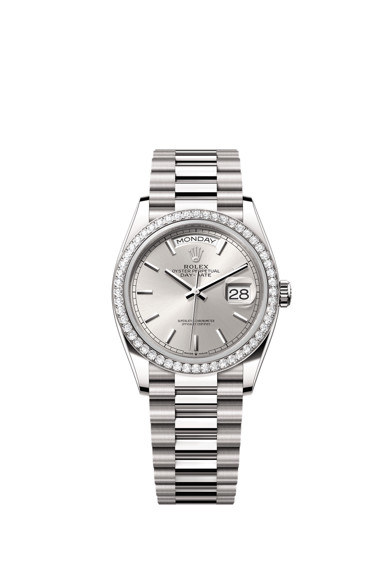 ROLEX DAY-DATE 36MM WHITE GOLD SILVER INDEX DIAL DIAMOND BEZEL PRESIDENT BRACELET 128349RBR