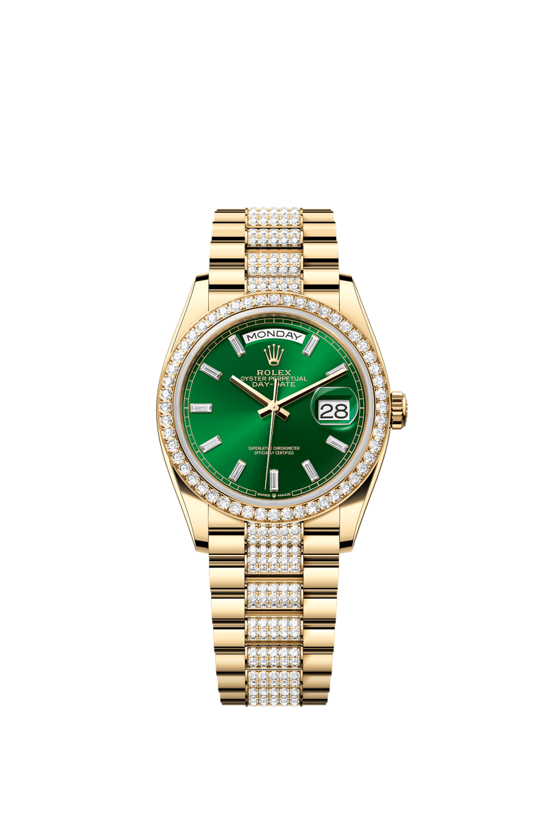 ROLEX DAY-DATE 36MM YELLOW GOLD GREEN DIAMOND BAGUETTE DIAL DIAMOND BEZEL DIAMOND-SET PRESIDENT BRACELET 128348RBR