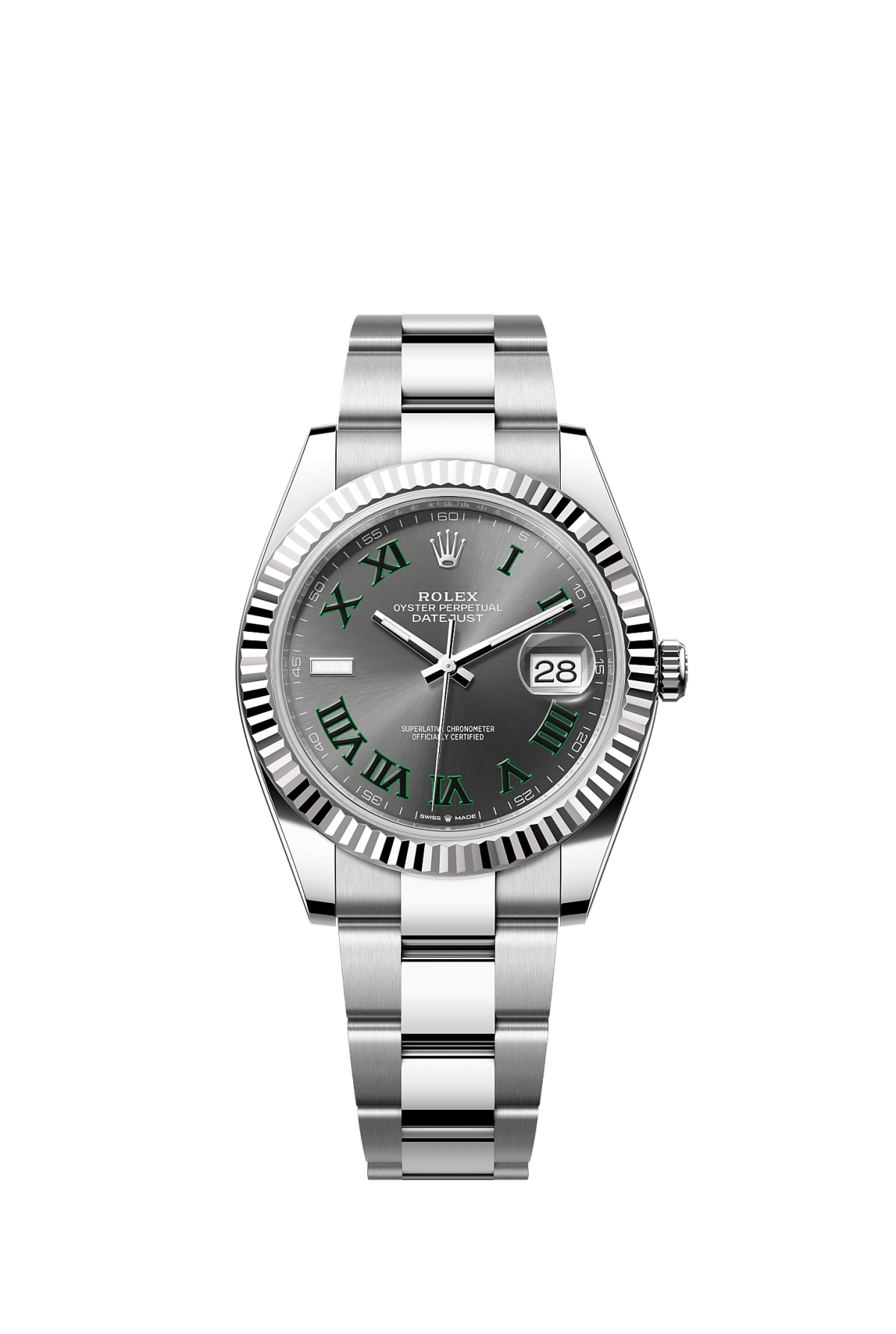 ROLEX DATEJUST 41MM "WIMBLEDON" SLATE AND GREEN ROMAN DIAL FLUTED BEZEL OYSTER BRACELET 126334