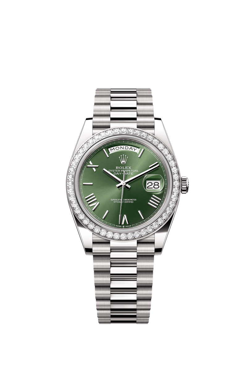 ROLEX DAY-DATE 40MM WHITE GOLD GREEN ROMAN DIAL DIAMOND BEZEL PRESIDENT BRACELET 228349RBR